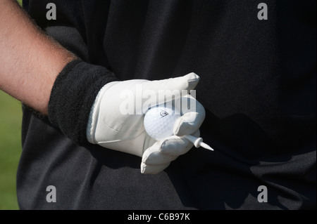 Ein Golfer hält einen Golfball und Tee in seiner behandschuhten Hand hinter seinem Rücken an einem sonnigen Sommertag. Stockfoto