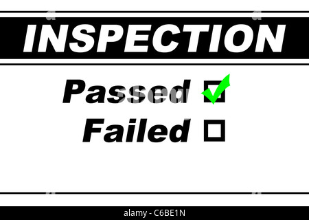 Prüfergebnisse Bericht ausgefüllt mit Passed gewählt, isoliert auf weiss Stockfoto