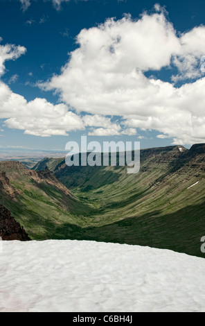 Schnee-Regal erstreckt sich in den Juli mit Blick auf diese spektakulären Blick von Kiger Gorge auf SE Oregon Steens Mountain Wilderness Area. Stockfoto