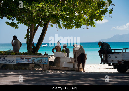 Fischer & Markthändler am Beau Vallon Strand, Mahe, Seychellen Stockfoto