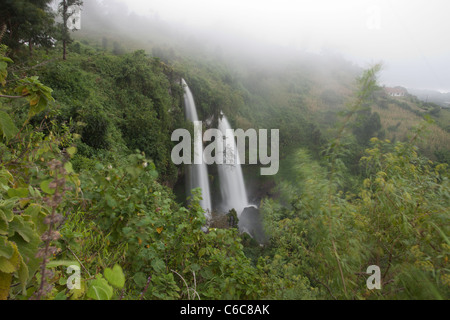 Wasserfall im Nebel am Mount Elgon nahe Sipi Falls, Uganda, Afrika Stockfoto