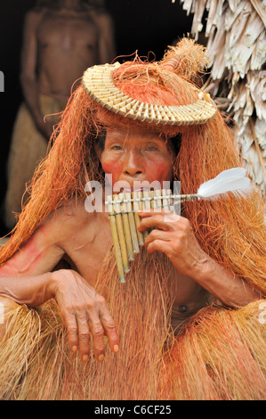 Yagua Indian Elder mit Kopfschmuck und Pan Rohre 1 Stockfoto