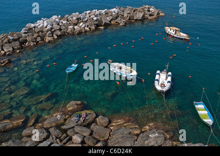 Ein Blick von oben auf fünf kleine Boote im Hafen von Wellenbrecher in Riomaggiore, Cinque Terre, Italien. Stockfoto