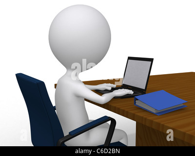 3D Business-Mann auf seinem Schreibtisch mit Laptop - auf einem weißen Hintergrund isoliert Stockfoto