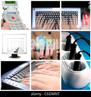 Technik Collage: Tastatur, Steckdose, Handy, Computer Monitor und Welt Globus. Stockfoto