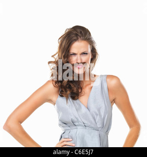 Studioportrait verspielte Frau mit Schnurrbart Haar gemacht Stockfoto