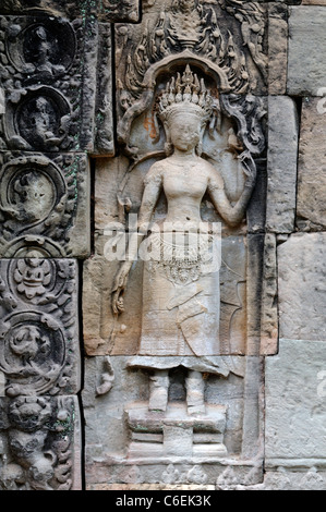 Preah Khan oder Prah Khan Tempel Komplex Ruinen Siem reap Kambodscha gesagt Detail dekorieren Dekoration Basrelief geschnitzt Stockfoto