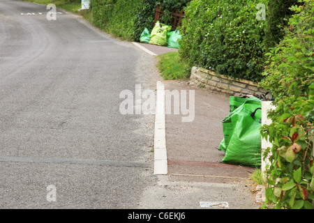 Grüner Garten Müllbeutel am Straßenrand warten auf Sammlung Stockfoto