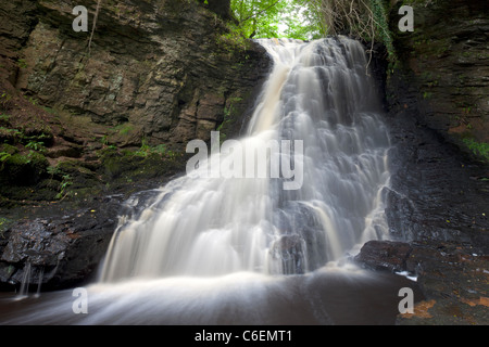 Sprudelnden Wasser über Hareshaw Linn Wasserfall in der Nähe von Bellingham, Northumberland National Park Stockfoto
