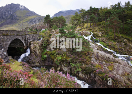 Wasserfall von Pont Pen-y-Benglog A5 Straßenbrücke über Afon Ogwen Fluss in Snowdonia National Park Ogwen North Wales UK. Stockfoto