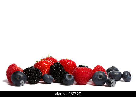 blueberries, strawberries blackberries and raspberries on white background Stockfoto