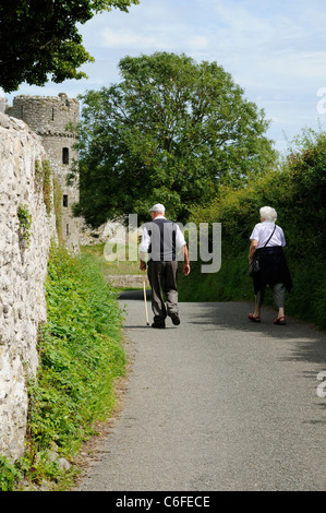 Älteres Ehepaar zu Fuß entlang einer Landstraße Stockfoto