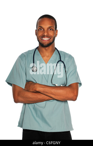 Porträt des afroamerikanischen männlichen Arzt oder eine Krankenschwester lächelnd isoliert auf weißem Hintergrund Stockfoto