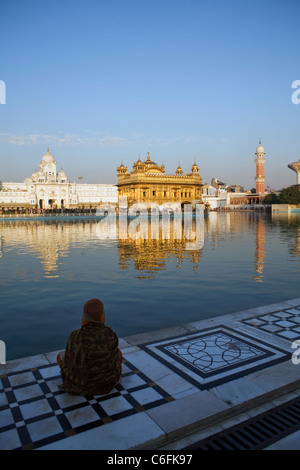 Ein Anhänger liegt am Rande des kleinen Sees, die das 16. Jahrhundert Sikh goldenen Tempel in Amritsar, Punjab Zustand, Indien umgibt Stockfoto