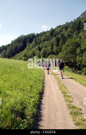 Wanderer folgen einem guten Pfad entlang einer von Bäumen gesäumten Tal in den französischen Alpen in der Nähe von Mont Blanc Stockfoto