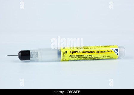 EpiPen Notfall Adrenalin Adrenalin Injektionspen für Anaphylaxie Behandlung von allergischen allergischen Reaktionen Stockfoto