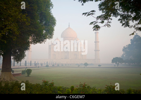 Nebligen erste Licht im Taj Mahal in Agra im Staat Uttar Pradesh, Indien Stockfoto