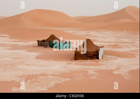 Beduinen-Zelt in der Sahara Sand Dünen, Marokko. Stockfoto