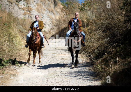 Präsident Felipe Calderon von Mexiko und Peter Greenberg Reiten auf der Jose Cuervo Tequila-Plantage Stockfoto