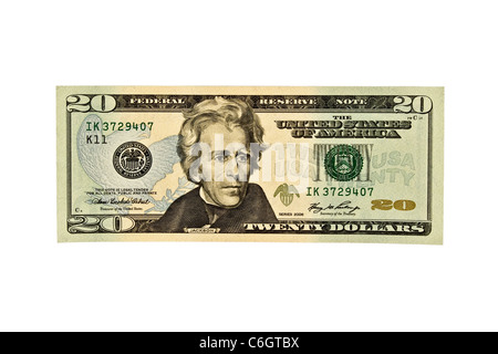 Einzigen 20 US-Dollar bill isoliert auf weiss Stockfoto