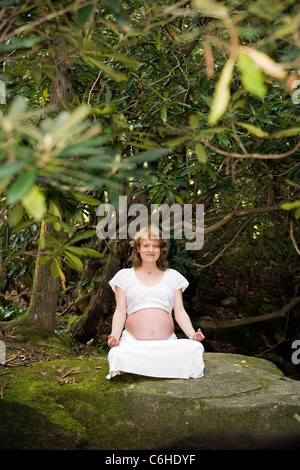 Schwangere Frau beim Yoga - Pisgah National Forest - nahe Brevard, North Carolina, USA Stockfoto