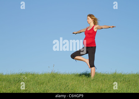 schöne schwangere Frau praktizieren Yoga auf einer Wiese Stockfoto
