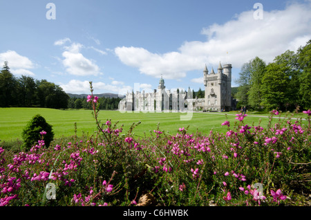 Balmoral Castle Royal Deeside - Queen es Residenz View mit Heidekraut im Vordergrund Stockfoto