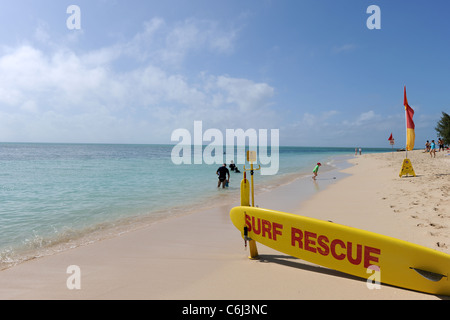 Surf Rescue Board und Strand anzeigen mit gelben Fähnchen, Green Island, Great Barrier Reef, Queensland, Australien Stockfoto