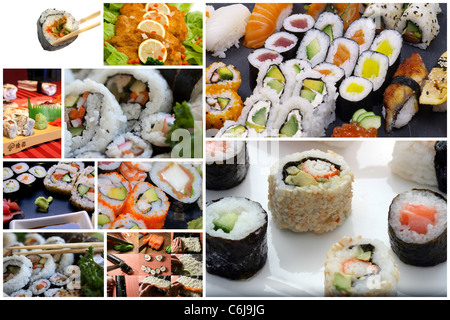 Japanische Sushi-Collage aus vier Bildern aus Stockfoto