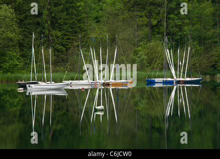 Boote mit Reflexionen über See Bohinj, Slowenien. Stockfoto