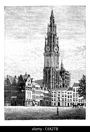 Kathedrale unserer Dame in Antwerpen, Belgien, Vintage Gravur. Alten graviert Abbildung eines die World Heritage Site. Stockfoto