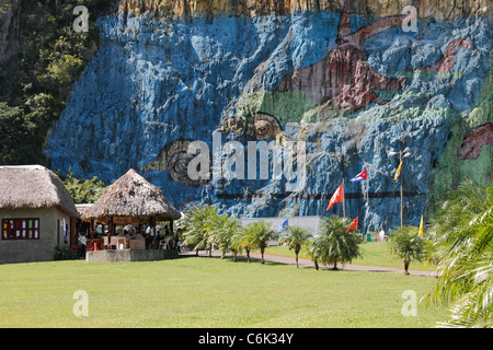 Stein Wand malt an Mural De La Prehistoria (Vorgeschichte) Leovigildus Gonzalez Vinales, Pinar Del Rio Bezirk, Kuba, Oktober 2010 Stockfoto