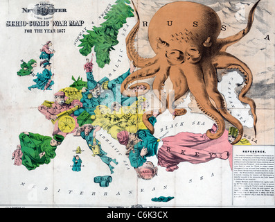 Serio-Comic-Krieg-Karte für das Jahr 1877 mit Russland als einen Oktopus, greifen viele Länder Stockfoto