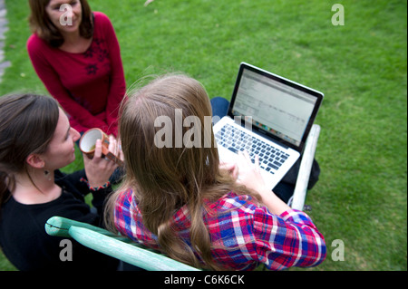 Familie sucht auf einem Laptop in den Rasen in Pension, willka willka Tika Tika, das heilige Tal, cusco Region, Peru Stockfoto