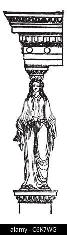 Cariatide oder Kariatid oder Karyatid, Griechenland Vintage Gravur. Alten gravierten Abbildung der Spalte geschnitzt in Form einer Person. Stockfoto