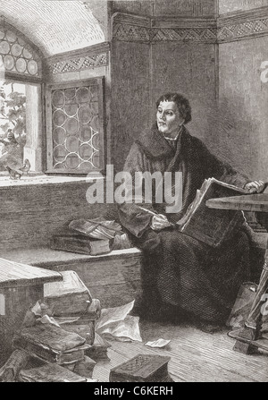 Martin Luthers Übersetzung der Bibel auf der Wartburg, in Deutschland im Jahr 1521. Martin Luther, 1483 - 1546. Stockfoto