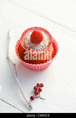 Bizcocho garniert mit Puderzucker und frischen Himbeeren Stockfoto