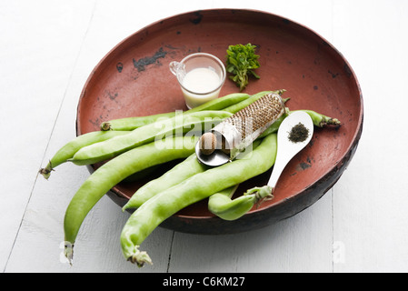 Dicke Bohnen mit Mohn Stockfoto