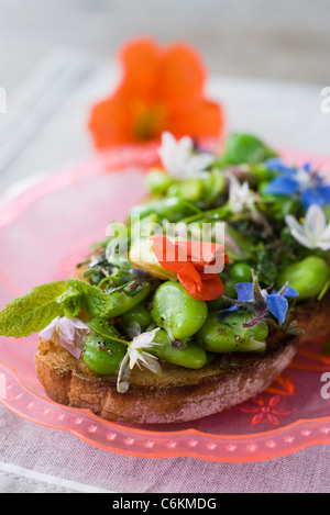 Bohne und Kraut Tartines mit Wildblumen Stockfoto