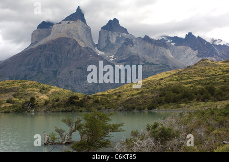 Das Paine-massiv in Chiles Parque Nacional Torres del Paine in einem der weltweit schönsten geographischen Merkmalen. Stockfoto