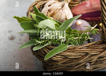 Frische Kräuter in Korb mit Knoblauch, Schalotten und Feigen Stockfoto