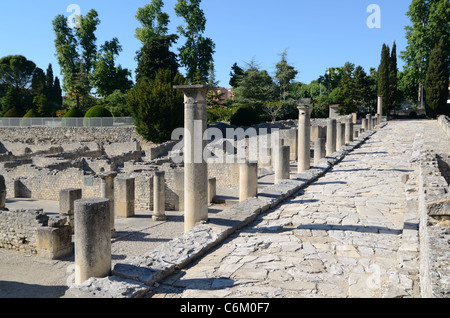 Kopfsteinpflasterstraße, Einkaufsstraße und Geschäfte mit Colonneded, Römische Stadt Vaison-la-Romaine, Vaucluse, Provence, Frankreich Stockfoto