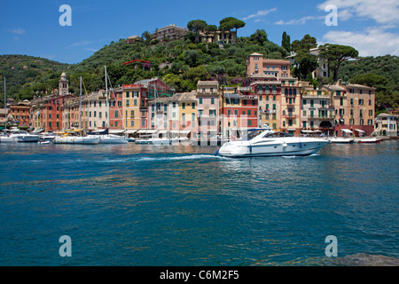 Treibende Yacht und Boote, Hafen des malerischen Fischerdorf Portofino, Ligurien di Levante, Italien, Ligurisches Meer, Mittelmeer, Europa Stockfoto