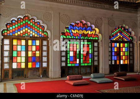 Farbige Glasfenster Moti Mahal Mehrangarh Fort Jodhpur Rajasthan Indien Stockfoto