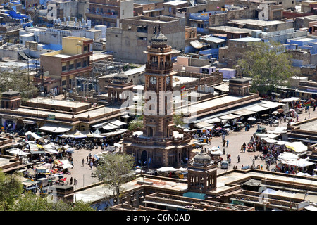 Draufsicht Uhrturm und vermarkten Jodhpur Rajasthan Indien Stockfoto