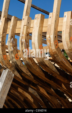 Bau einer Replik von einem traditionellen Fischerboot aus Holz (Port Rhu, Douarnenez, Bretagne, Frankreich). Stockfoto