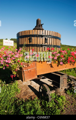 Weinpresse und Blume anzeigen am Eingang zum Dorf Volnay in der Côte de Beaune, Burgund, Frankreich Stockfoto