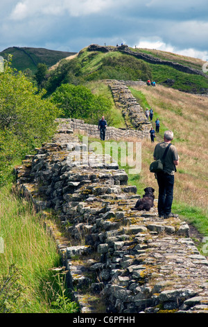 Dramatische Whin Sill Crag Abschnitt der Hadrianswall bei Cawfields im Northumberland National Park mit Wanderer auf nationalen Walking Stockfoto