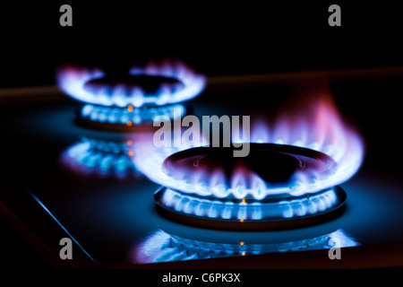 Flammen auf einem Herd Gas Ringe Stockfoto