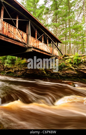 Der Amnicon-Fluss fließt unter einer überdachten Brücke bei Amnicon Falls State Park in der Nähe von Superior Wisconsin. Stockfoto